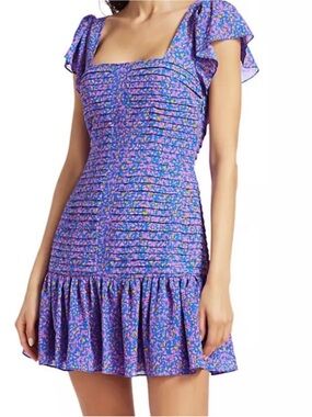 Tanya Taylor Purple Floral Square-Neck Smocked Mini Dress